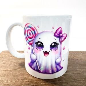 Halloween Coffee Mug 11 oz – Cute Kawaii Ghost with Lollipop & Bow